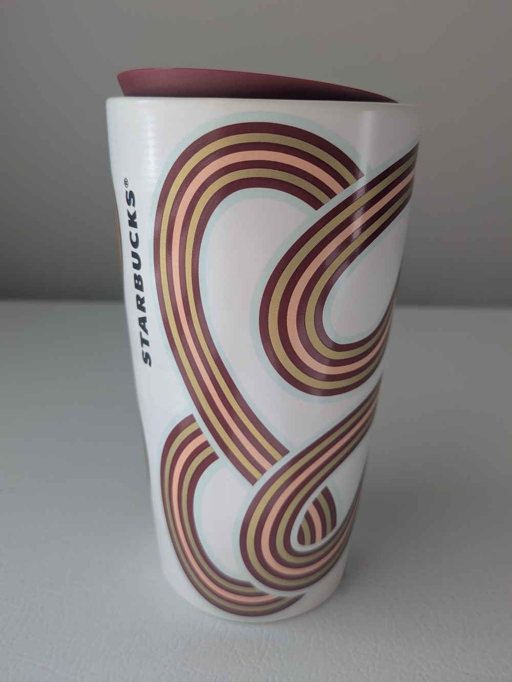 Starbucks 2024 Fall White Gold Maroon Ribbon Ceramic Tumbler/Travel Mug 12oz